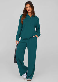PRETTYGARDEN Women Fall 2 Piece Outfits Sweatsuits Quarter Button Long Sleeve Sweatshirt Wide Leg Pants Tracksuit Lounge Sets