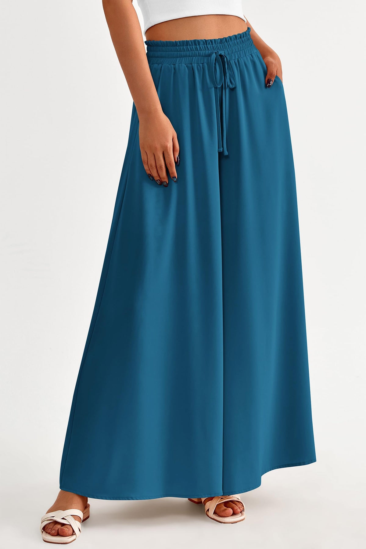 Wide Leg High Waisted Flowy Pockets Palazzo Pants