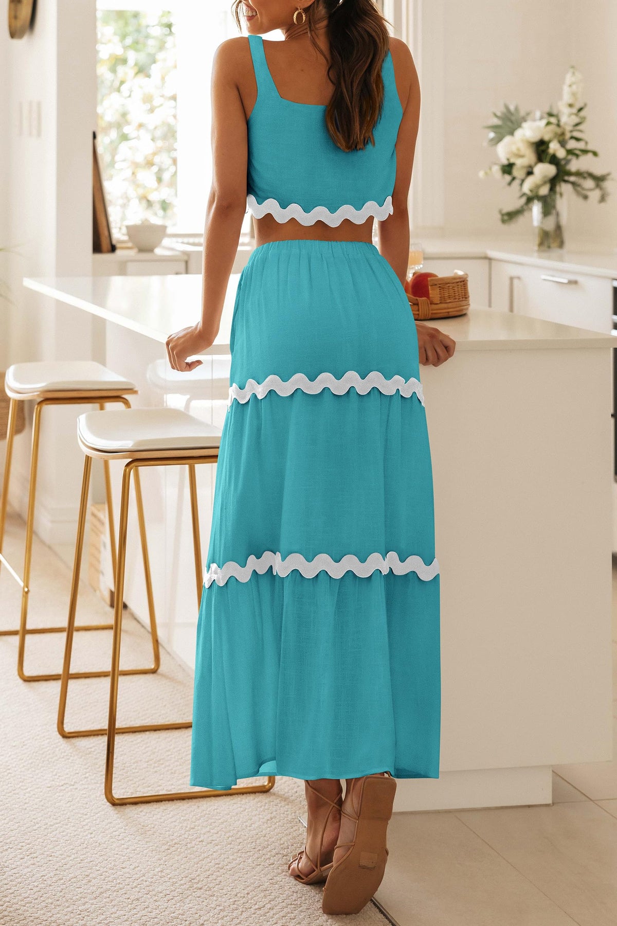 2 Piece Summer Casual Sleeveless Cropped Tank Top High Waisted Maxi Skirt Set