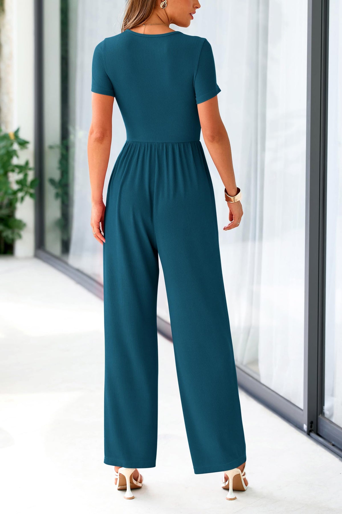 Summer One Piece Jumpsuits Dressy Casual Short Sleeve Square Neck Wide Leg Jumpsuit Rompers