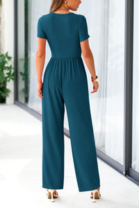 Summer One Piece Jumpsuits Dressy Casual Short Sleeve Square Neck Wide Leg Jumpsuit Rompers