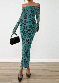 PRETTYGARDEN Womens Off The Shoulder Floral Maxi Bodycon Dress Fall Long Sleeve Mesh Fitted Long Formal Wedding Guest Dresses PRETTYGARDEN