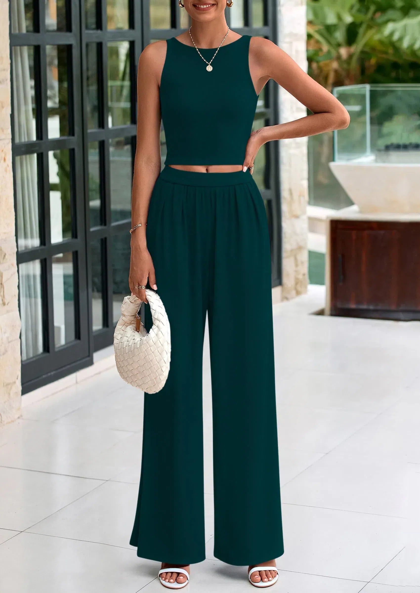 PRETTYGARDEN Two Piece Sets Ribbed Knit Crew Neck Sleeveless Tank Tops Wide Leg Pants Casual Lounge Set