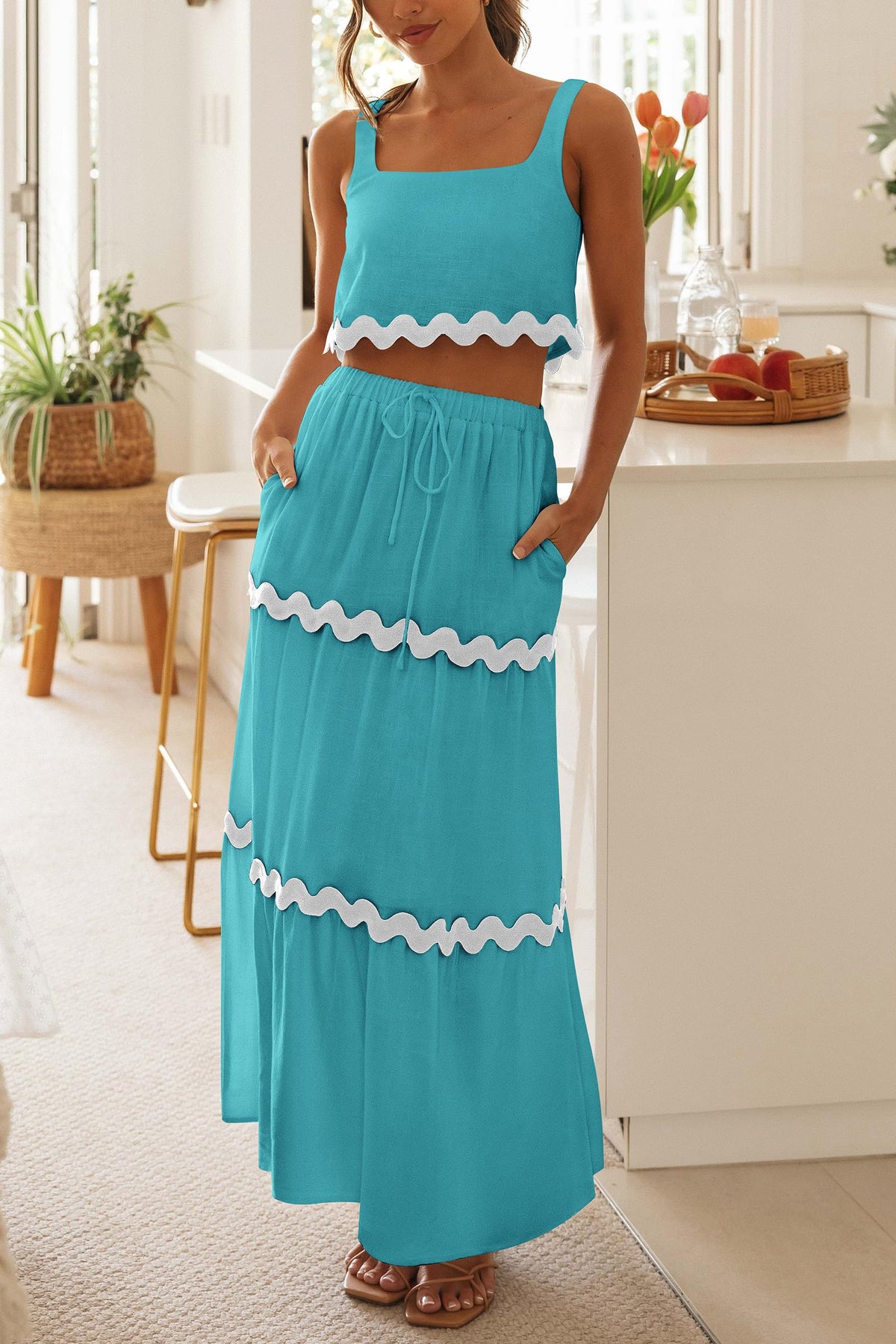 2 Piece Summer Casual Sleeveless Cropped Tank Top High Waisted Maxi Skirt Set