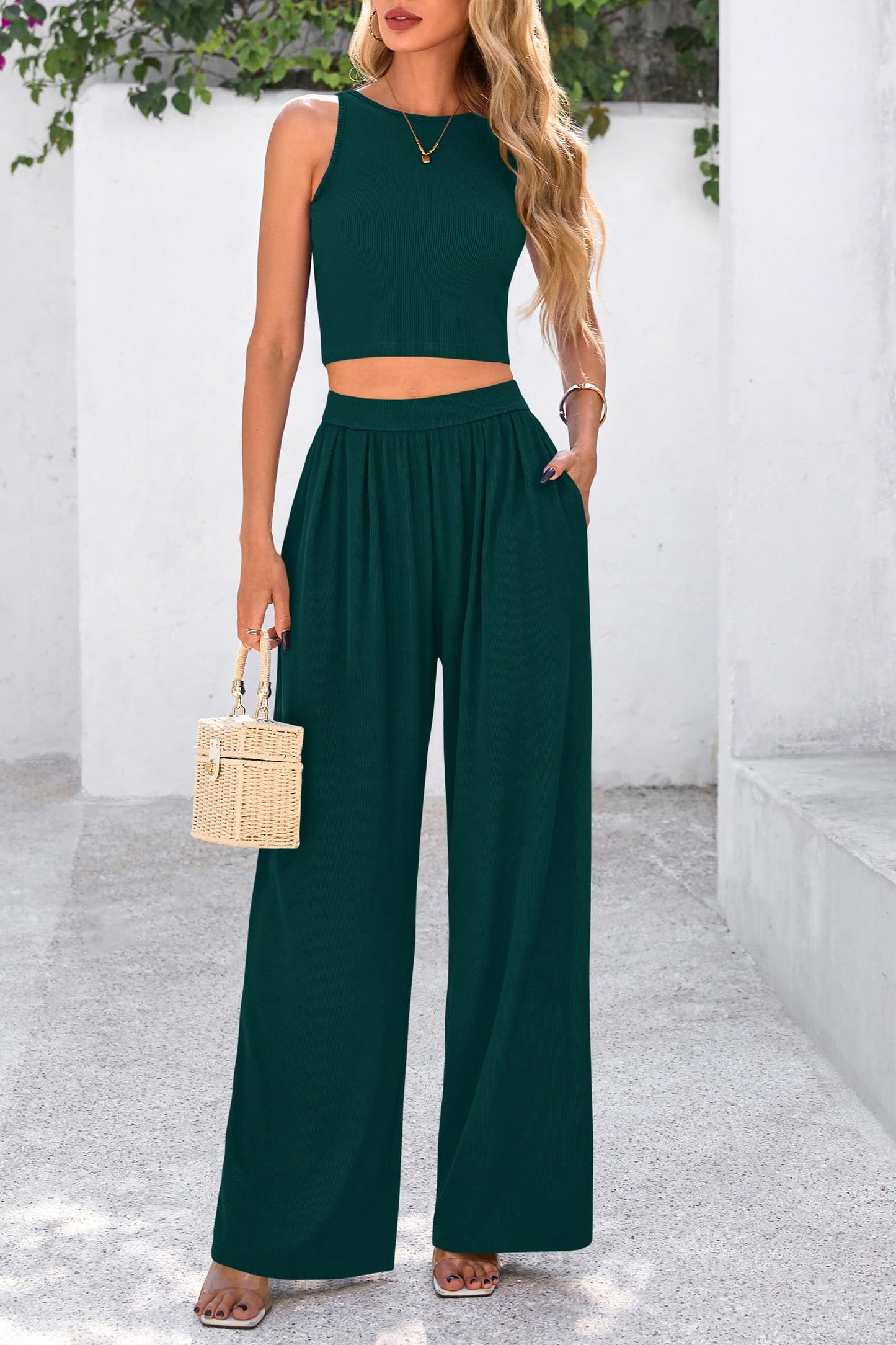 Womens Summer 2 Piece Sets Ribbed Knit Crew Neck Sleeveless Crop Tank Tops Wide Leg Pants Casual Lounge Set