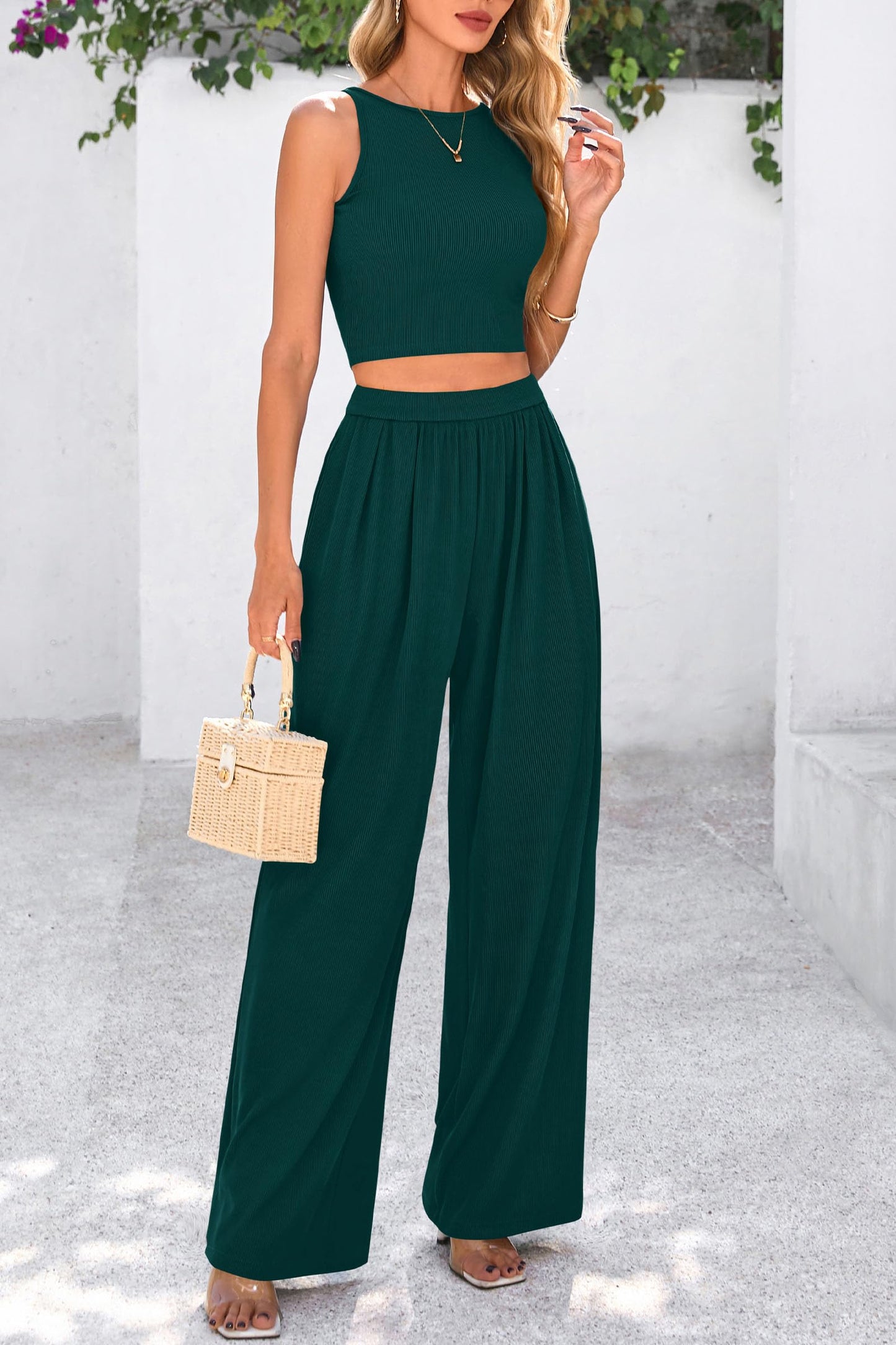 Womens Summer 2 Piece Sets Ribbed Knit Crew Neck Sleeveless Crop Tank Tops Wide Leg Pants Casual Lounge Set