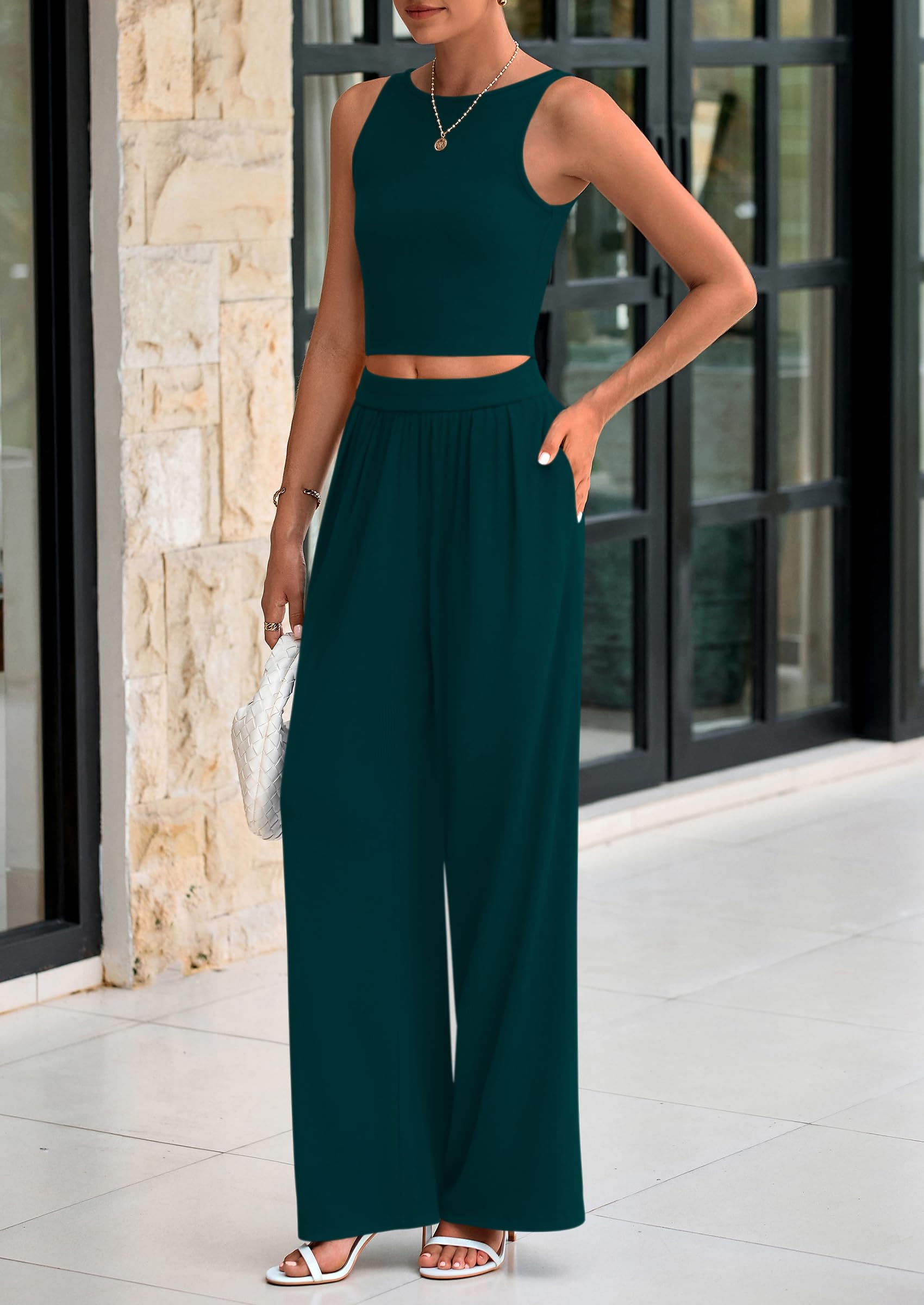 PRETTYGARDEN Two Piece Sets Ribbed Knit Crew Neck Sleeveless Tank Tops Wide Leg Pants Casual Lounge Set