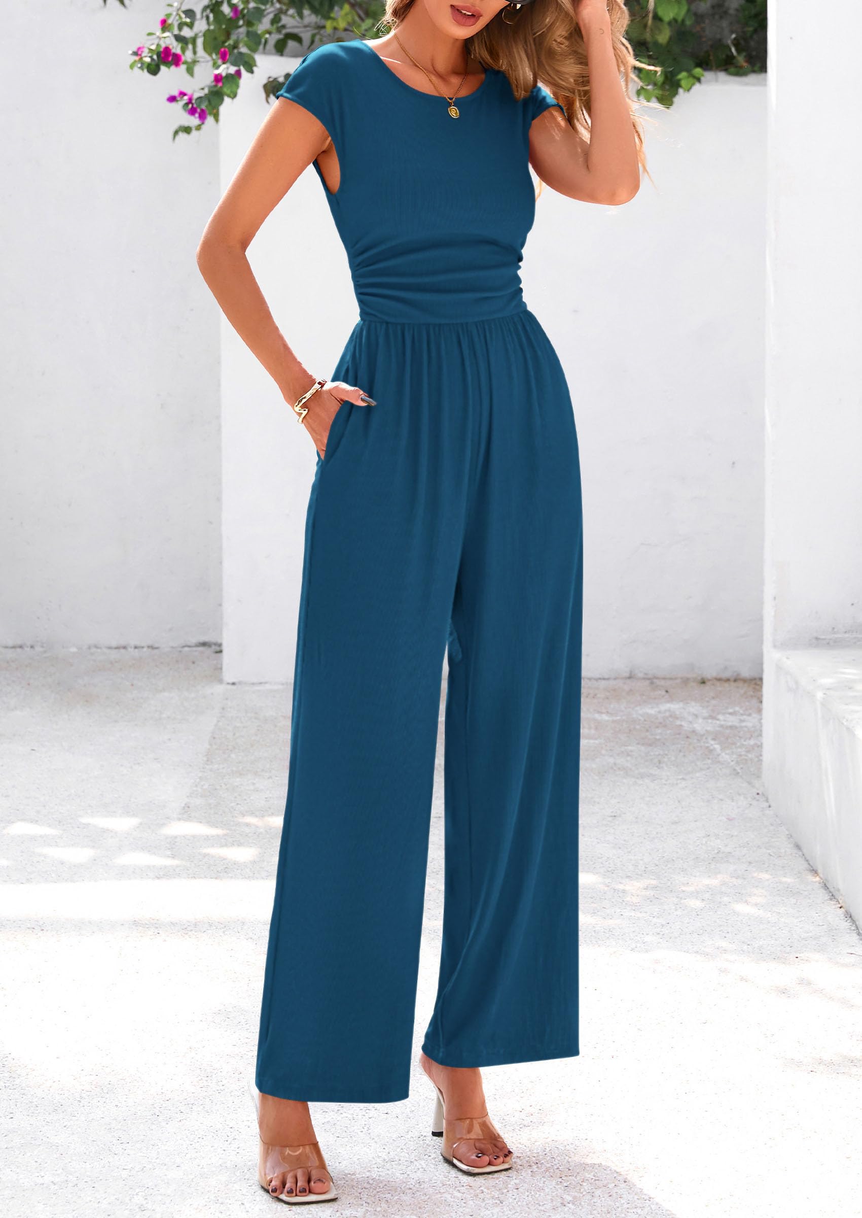 PRETTYGARDEN Summer Jumpsuits Ribbed Cap Sleeve Wide Leg Pants Women's Rompers Elegant Casual Trendy Vacation Outfits