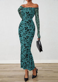 PRETTYGARDEN Womens Off The Shoulder Floral Maxi Bodycon Dress Fall Long Sleeve Mesh Fitted Long Formal Wedding Guest Dresses PRETTYGARDEN