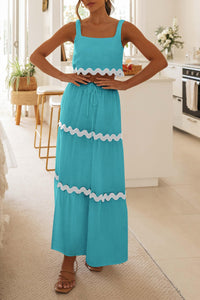 2 Piece Summer Casual Sleeveless Cropped Tank Top High Waisted Maxi Skirt Set