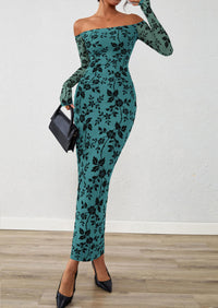 PRETTYGARDEN Womens Off The Shoulder Floral Maxi Bodycon Dress Fall Long Sleeve Mesh Fitted Long Formal Wedding Guest Dresses PRETTYGARDEN