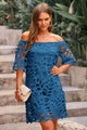 Women's Summer Off Shoulder Vintage Floral Lace Flare Short Sleeve Loose Elegant Mini Dress