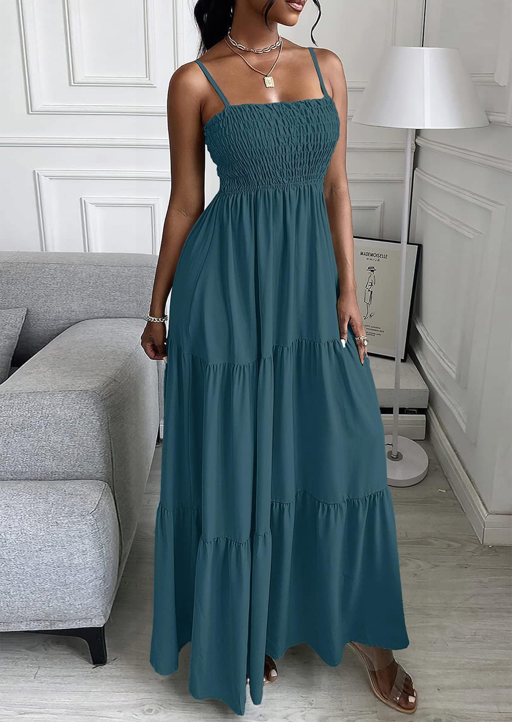 PRETTYGARDEN Women's Summer Maxi Dress Casual Boho Sleeveless Spaghetti Strap Smocked Tiered Long Beach Sundresses PRETTYGARDEN