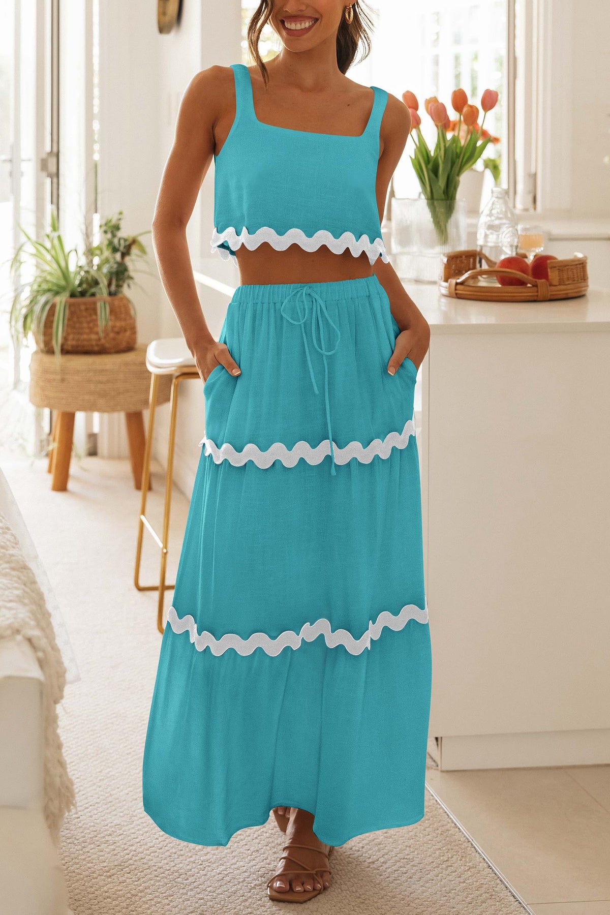 2 Piece Summer Casual Sleeveless Cropped Tank Top High Waisted Maxi Skirt Set