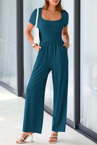 Summer One Piece Jumpsuits Dressy Casual Short Sleeve Square Neck Wide Leg Jumpsuit Rompers