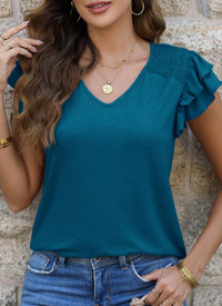 Summer Basic Casual Ruffle Short Sleeve V Neck Tops