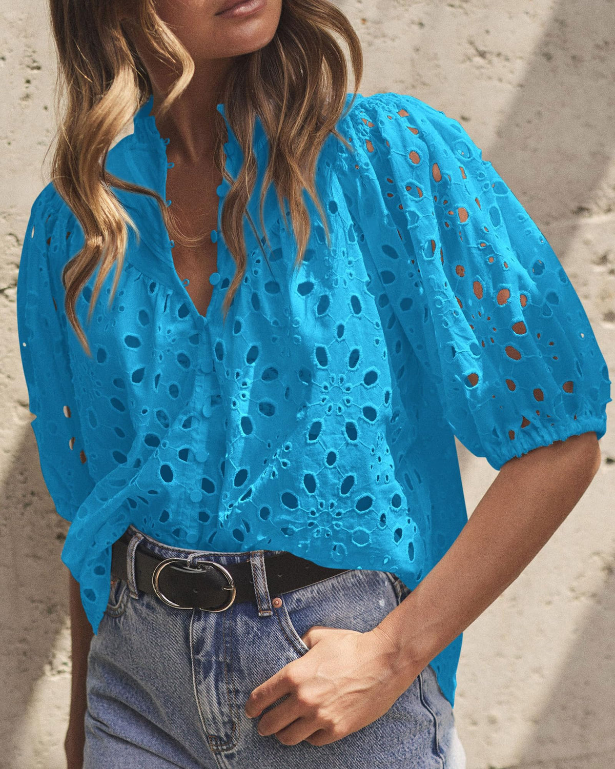 Casual Short Lantern Sleeve V Neck Buttons Hollow Out Lace Embroidered Blouses