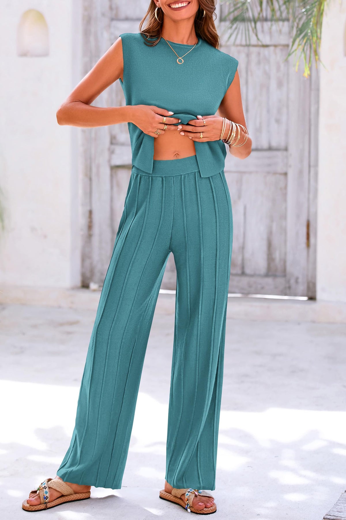 Pullover Tops And Wide Leg Pants Casual Two Piece Sets