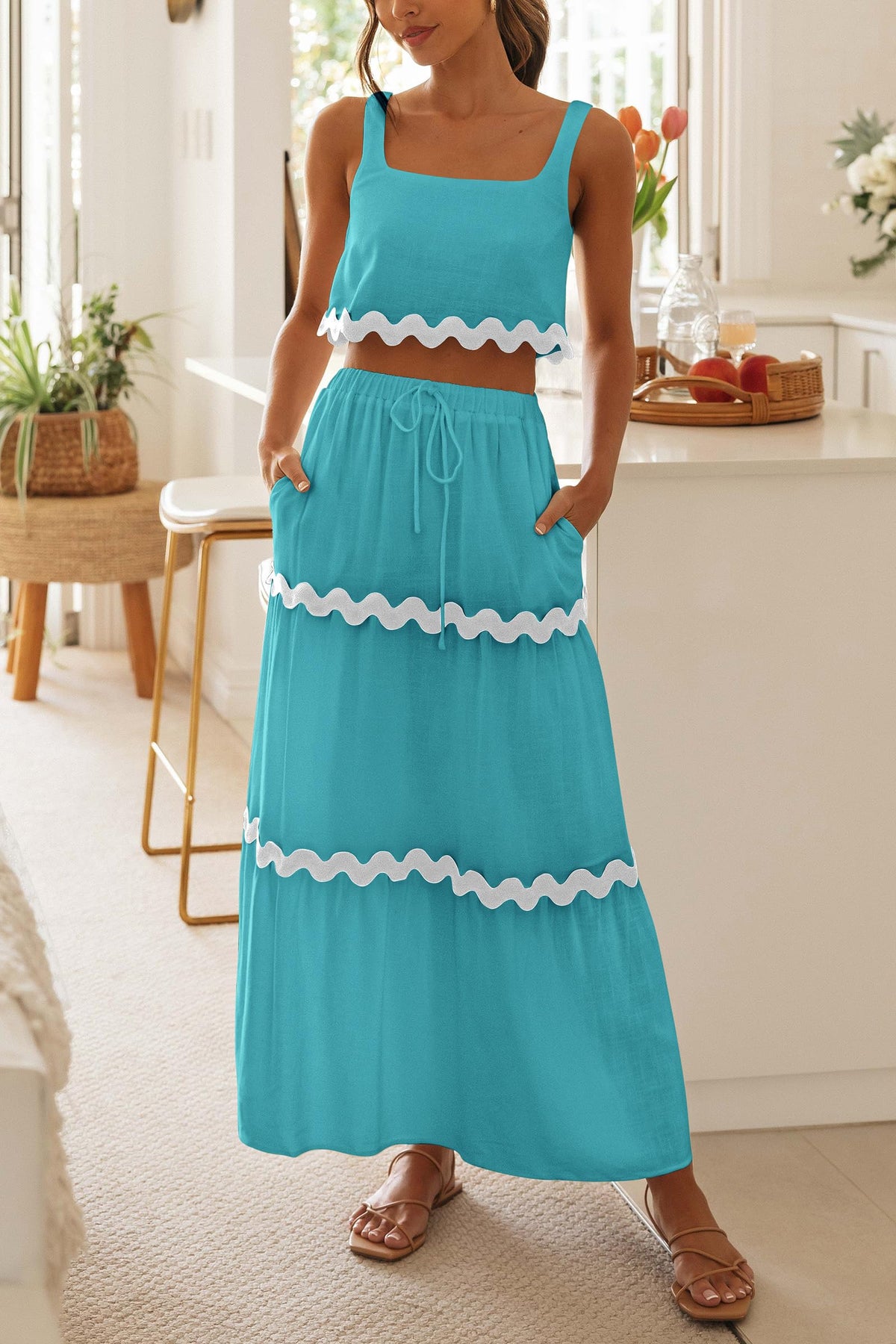 2 Piece Summer Casual Sleeveless Cropped Tank Top High Waisted Maxi Skirt Set