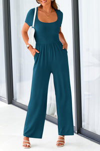 Summer One Piece Jumpsuits Dressy Casual Short Sleeve Square Neck Wide Leg Jumpsuit Rompers