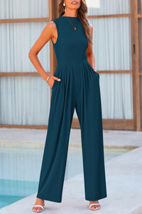 Sleeveless Mock Neck Wide Leg Jumpsuits With Pockets