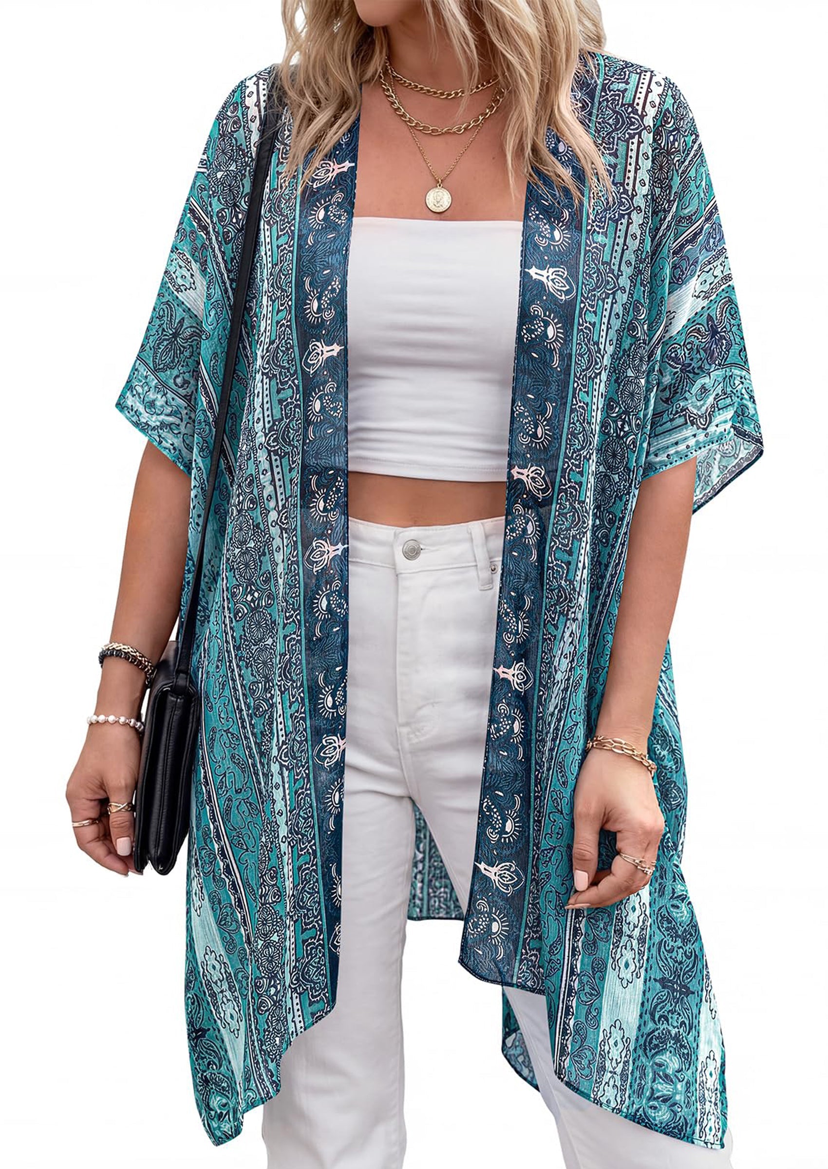 PRETTYGARDEN Summer Kimonos for Women Boho Floral Short Sleeve Kimono Cardigans Swimsuit Beach Cover Ups for Women Swimwear PRETTYGARDEN