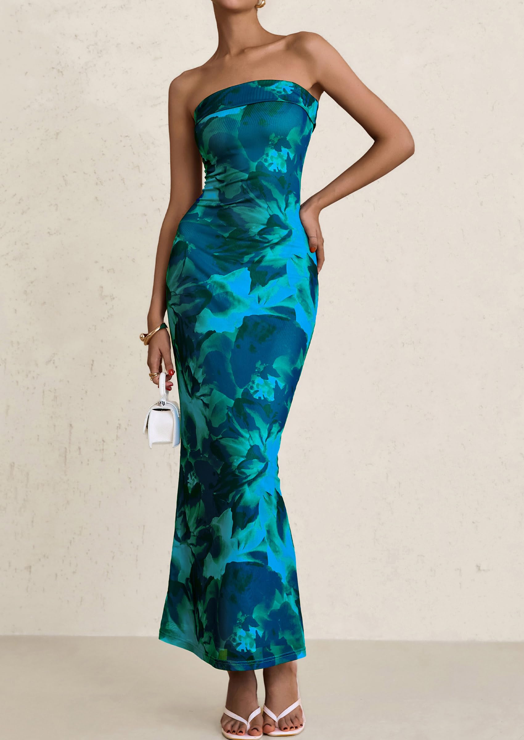 PRETTYGARDEN Womens Printed Tube Maxi Dress Strapless Bodycon Sleeveless Night Out Long Dresses