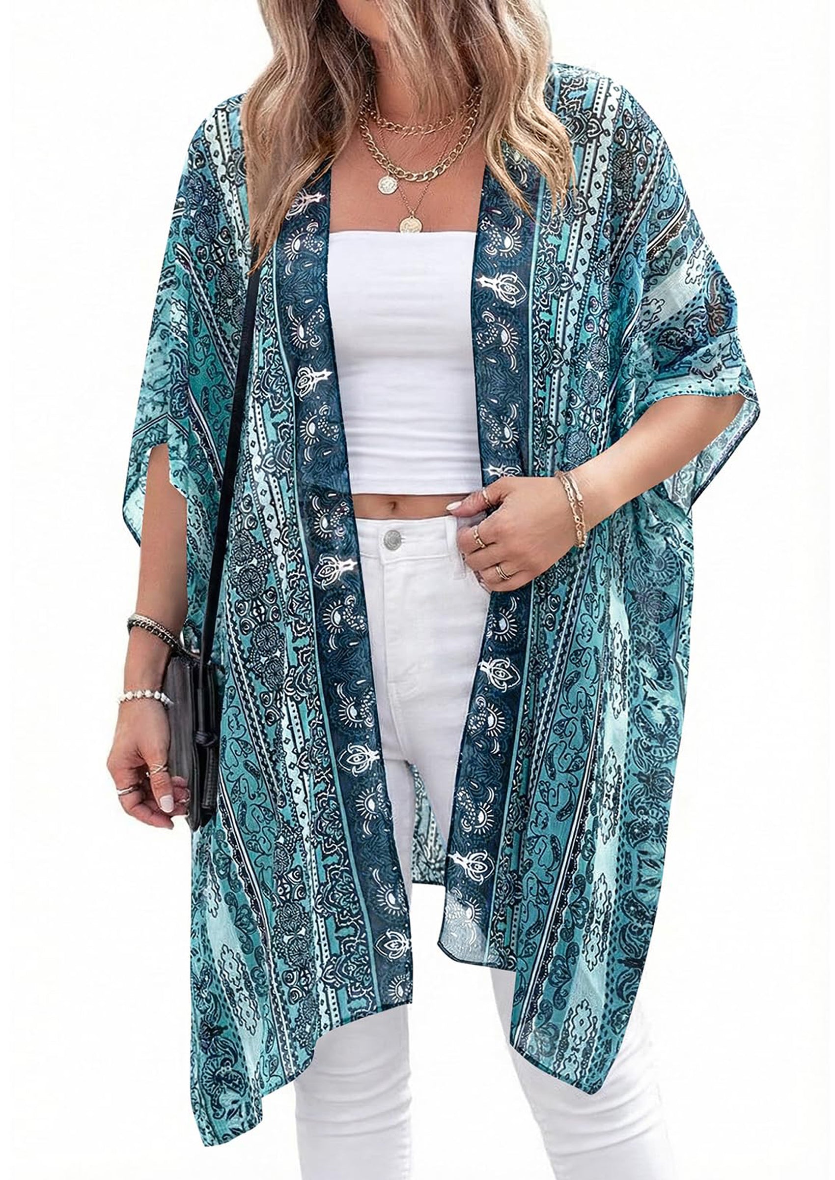 PRETTYGARDEN Summer Kimonos for Women Boho Floral Short Sleeve Kimono Cardigans Swimsuit Beach Cover Ups for Women Swimwear PRETTYGARDEN