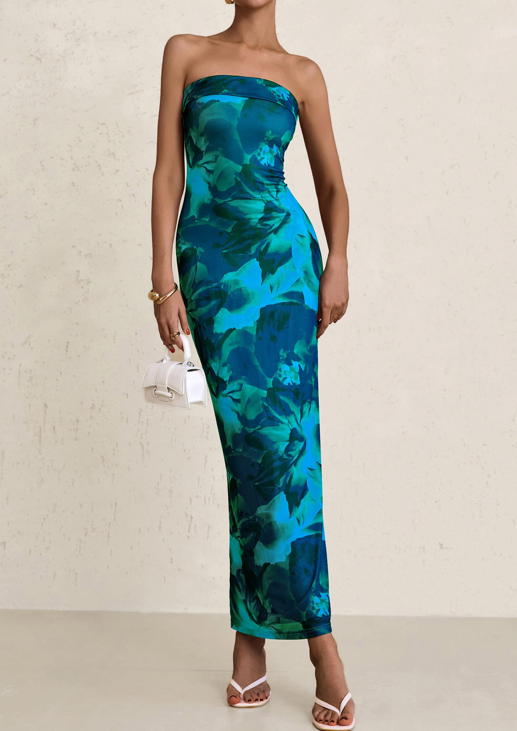 PRETTYGARDEN Womens Printed Tube Maxi Dress Strapless Bodycon Sleeveless Night Out Long Dresses