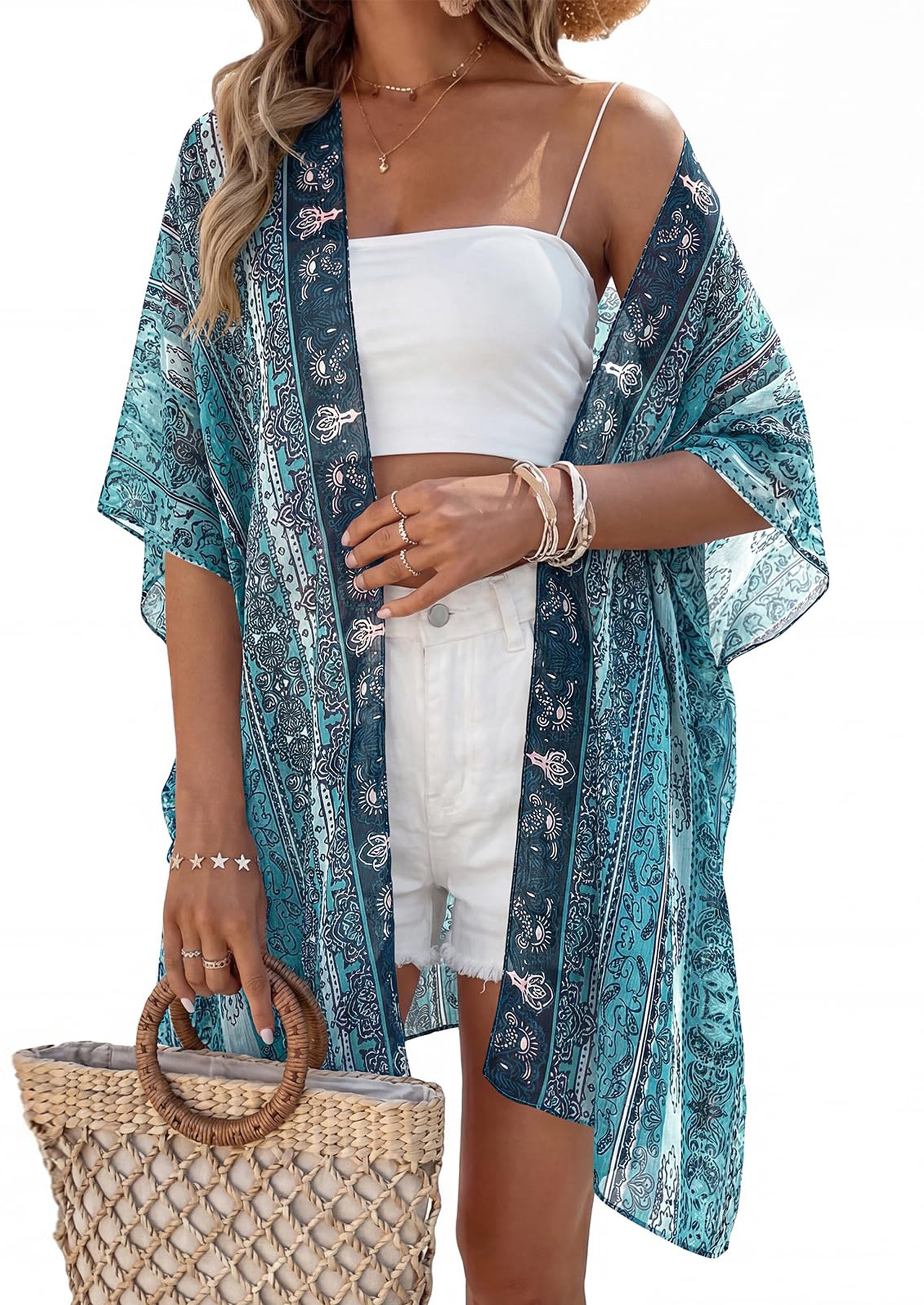 PRETTYGARDEN Summer Kimonos for Women Boho Floral Short Sleeve Kimono Cardigans Swimsuit Beach Cover Ups for Women Swimwear PRETTYGARDEN