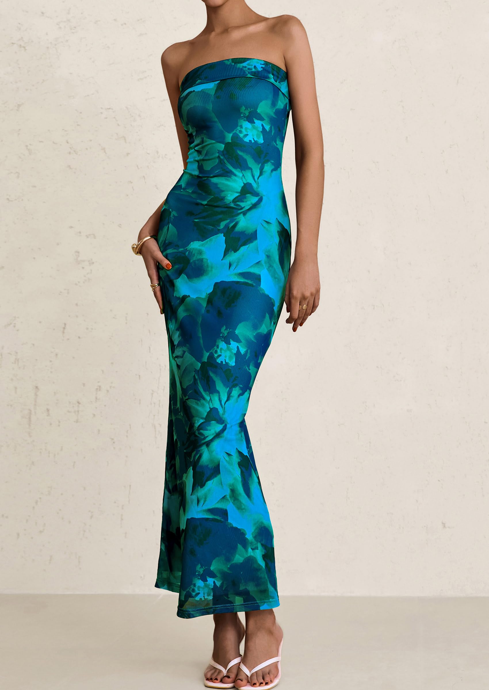 PRETTYGARDEN Womens Printed Tube Maxi Dress Strapless Bodycon Sleeveless Night Out Long Dresses