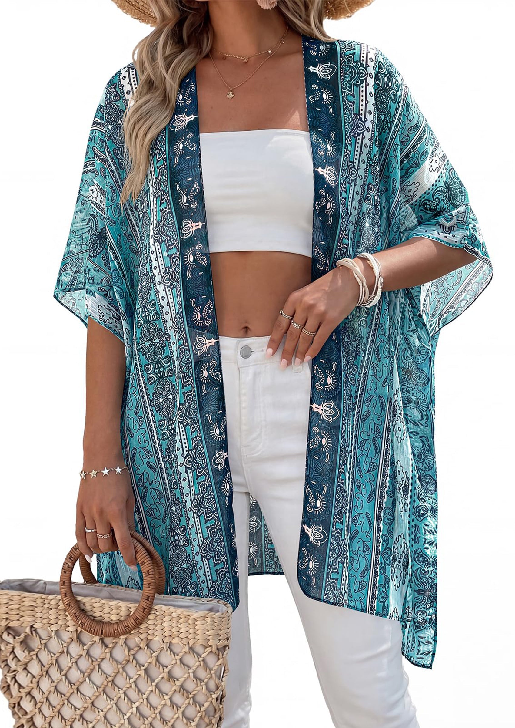 PRETTYGARDEN Summer Kimonos for Women Boho Floral Short Sleeve Kimono Cardigans Swimsuit Beach Cover Ups for Women Swimwear PRETTYGARDEN