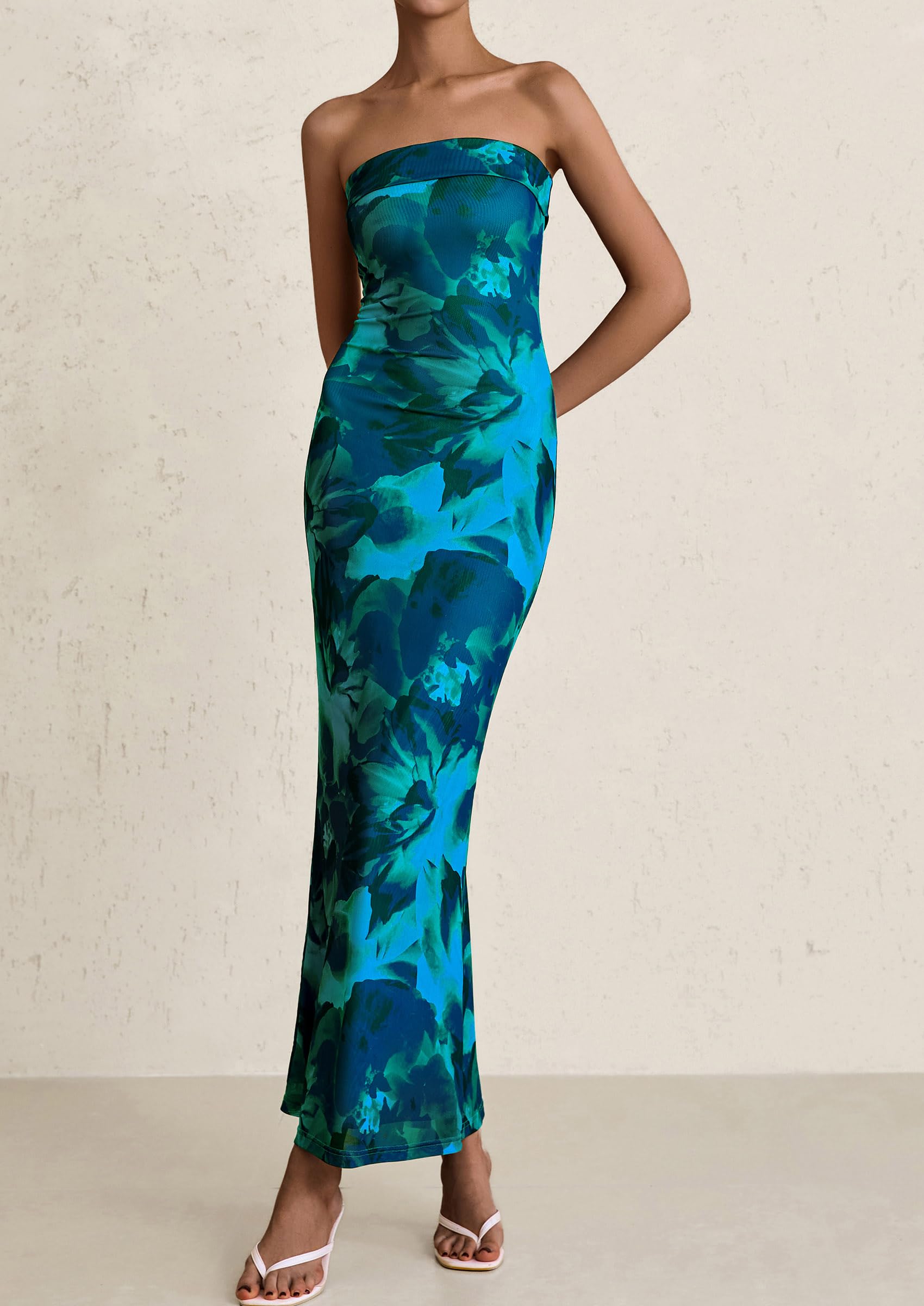 PRETTYGARDEN Womens Printed Tube Maxi Dress Strapless Bodycon Sleeveless Night Out Long Dresses