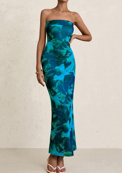 PRETTYGARDEN Womens Printed Tube Maxi Dress Strapless Bodycon Sleeveless Night Out Long Dresses