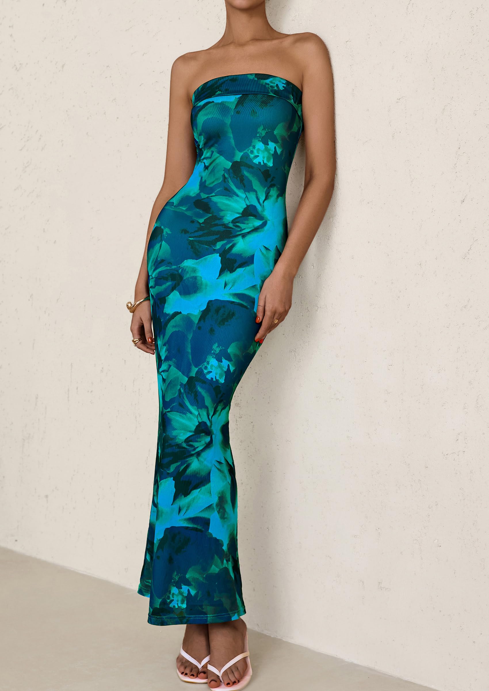 PRETTYGARDEN Womens Printed Tube Maxi Dress Strapless Bodycon Sleeveless Night Out Long Dresses