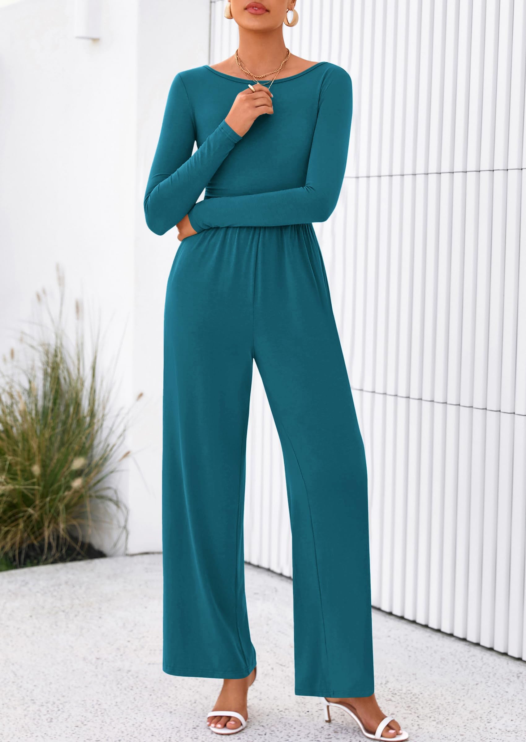 PRETTYGARDEN One Piece Jumpsuits for Women Dressy Casual Long Sleeve Crewneck Wide Leg Romper Overalls Spring Outfits