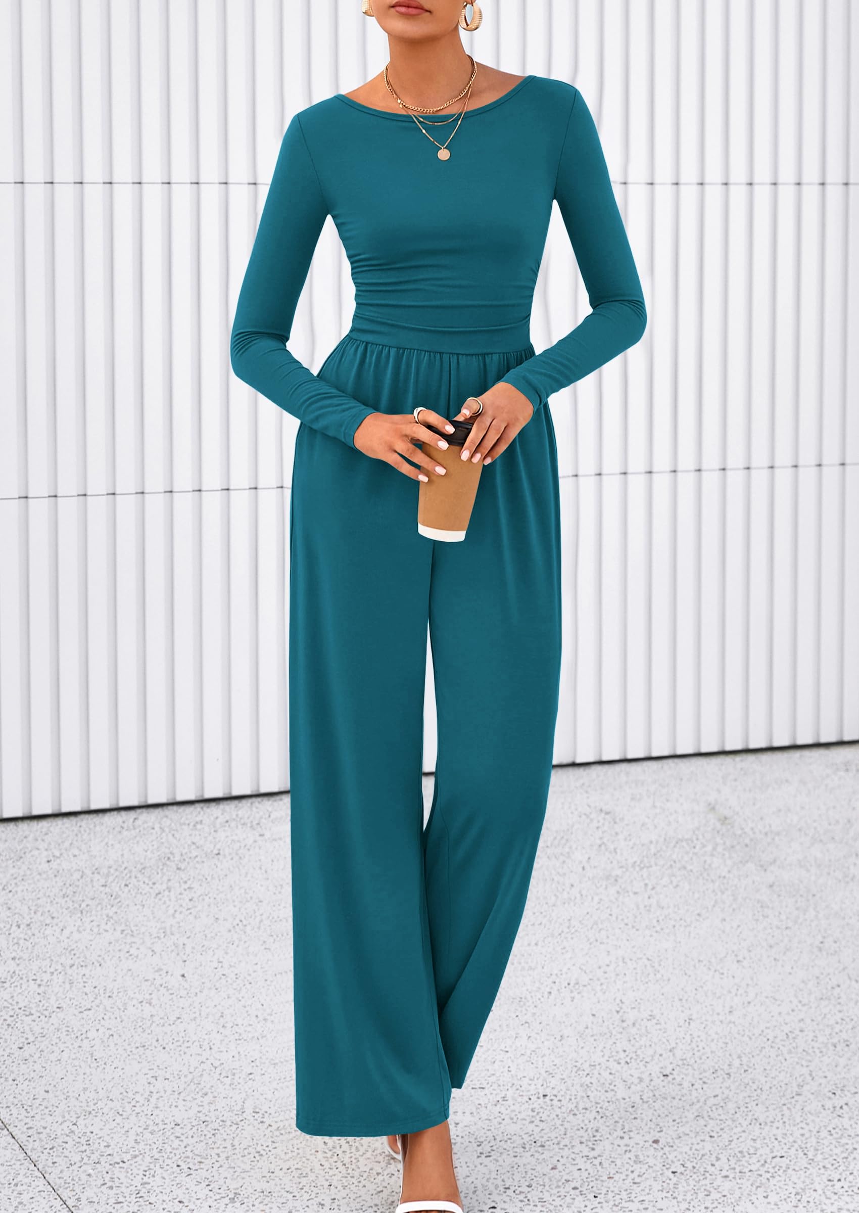 PRETTYGARDEN One Piece Jumpsuits for Women Dressy Casual Long Sleeve Crewneck Wide Leg Romper Overalls Spring Outfits