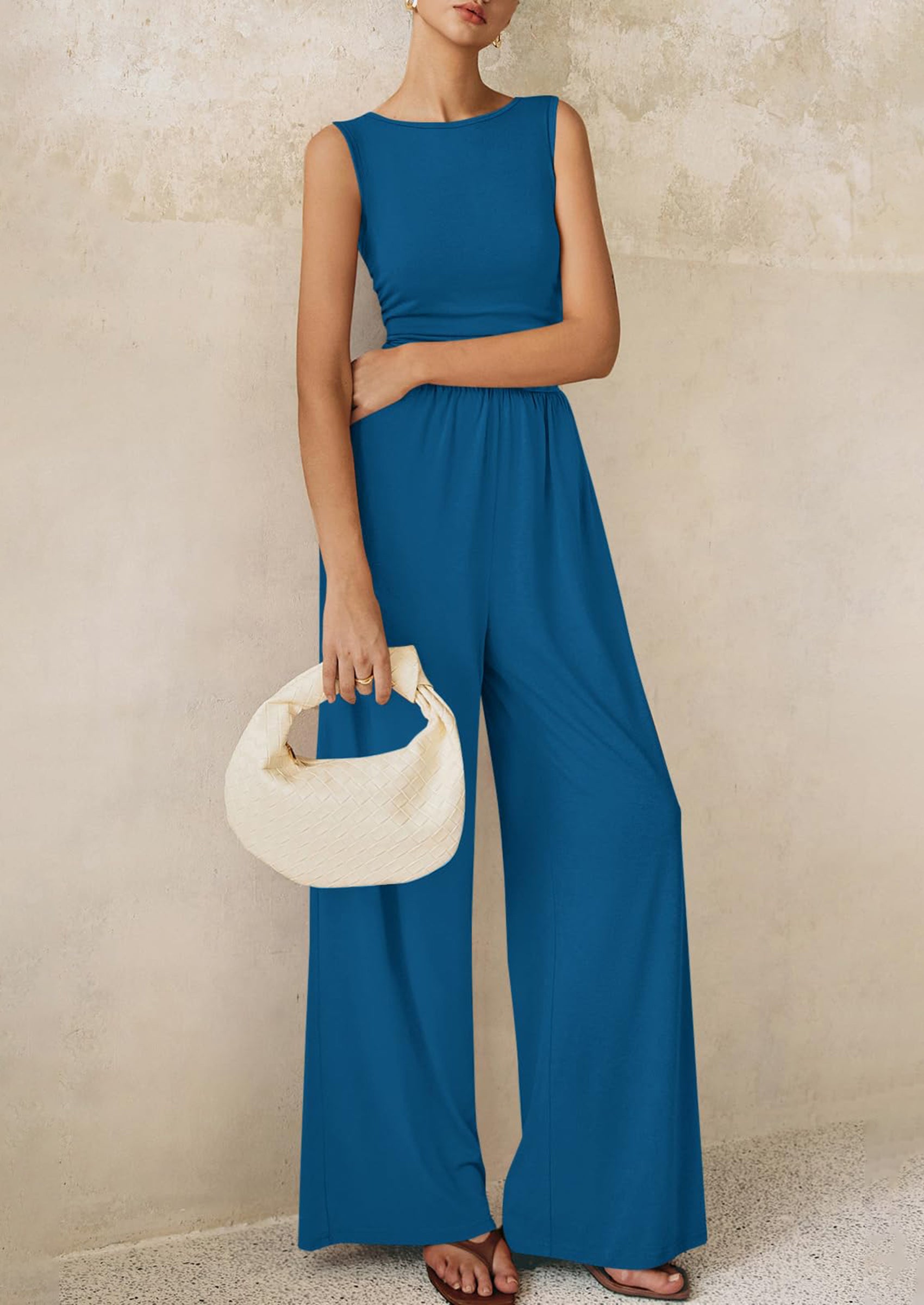 PRETTYGARDEN One Piece Jumpsuits for Women Dressy Casual Sleeveless Crewneck Wide Leg Rompers Jumpers Vacation Summer Outfits