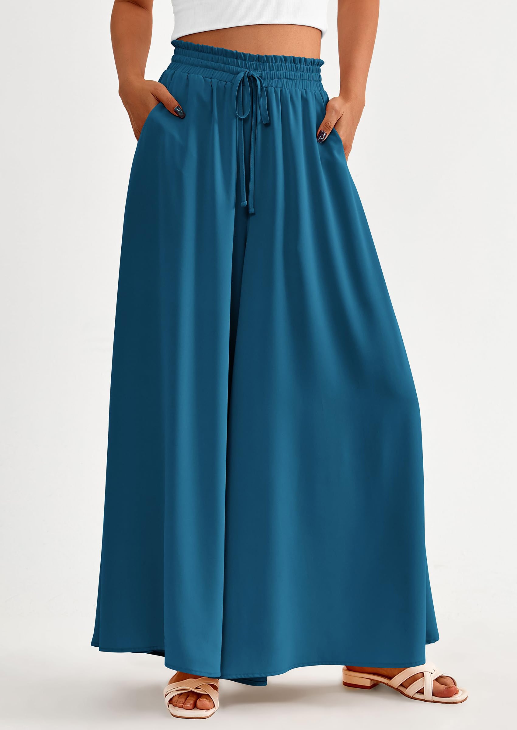 PRETTYGARDEN Women's Summer Wide Leg Palazzo Pants High Waisted Flowy Pockets Trendy Casual Lounge Boho Beach Trousers