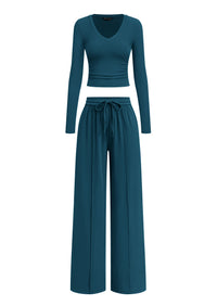 PRETTYGARDEN Women's 2 Piece Lounge Sets Matching Clothing  | V Neck Long Sleeve Tops, Wide Leg Pants Pockets, Airport Travel Outfits, Soft Ribbed Knit, Drawstring Waist, Fall Resort Wear