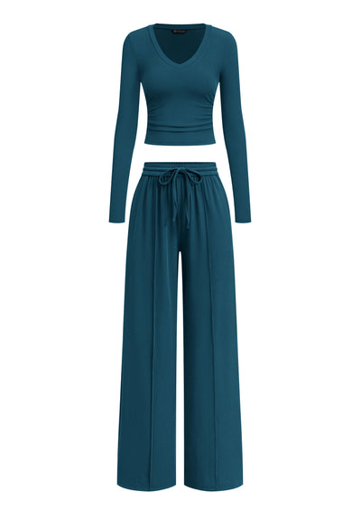 PRETTYGARDEN Women's 2 Piece Lounge Sets Matching Clothing  | V Neck Long Sleeve Tops, Wide Leg Pants Pockets, Airport Travel Outfits, Soft Ribbed Knit, Drawstring Waist, Fall Resort Wear
