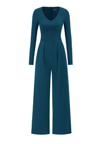 PRETTYGARDEN Womens Fall One Piece Long Sleeve Jumpsuit | Stretchy Ribbed Knit, Fashion Deep V Neck, Wide Leg Romper with Pockets, Work Business Casual Outfits, Trendy Winter Clothes
