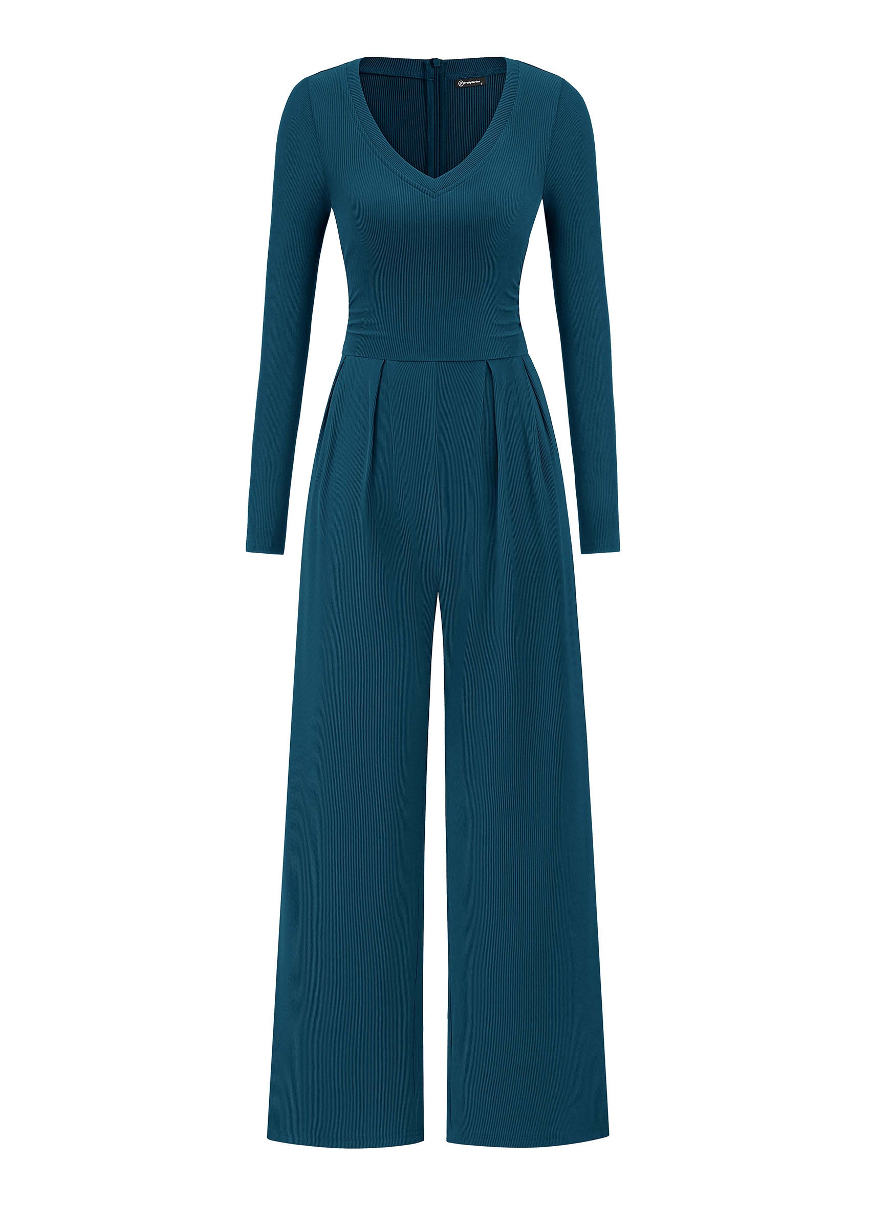 PRETTYGARDEN Womens Fall One Piece Long Sleeve Jumpsuit | Stretchy Ribbed Knit, Fashion Deep V Neck, Wide Leg Romper with Pockets, Work Business Casual Outfits, Trendy Winter Clothes