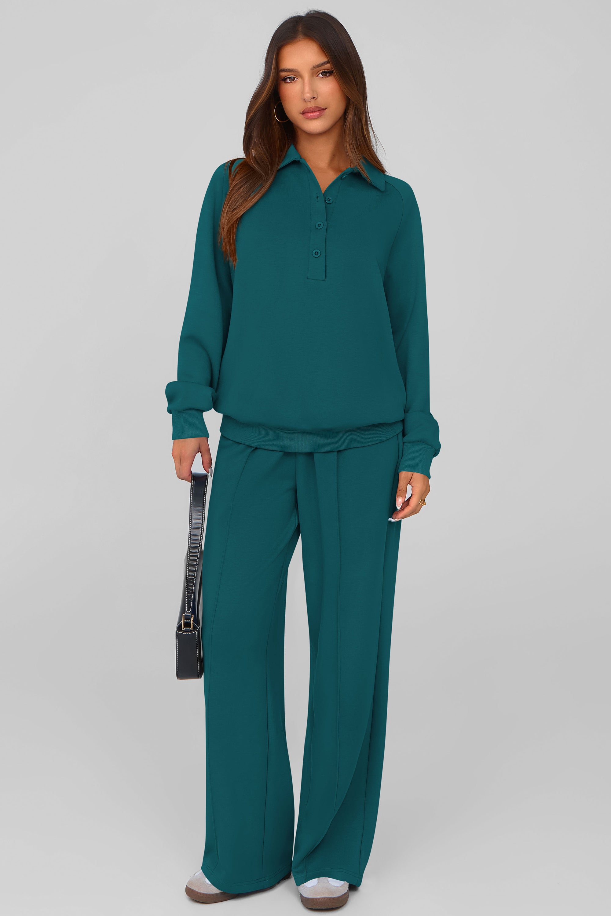 PRETTYGARDEN Women Fall 2 Piece Outfits Sweatsuits Quarter Button Long Sleeve Sweatshirt Wide Leg Pants Tracksuit Lounge Sets