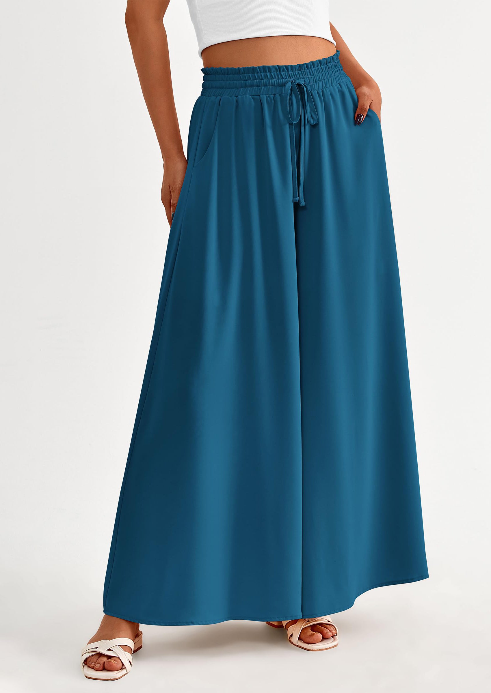 PRETTYGARDEN Women's Summer Wide Leg Palazzo Pants High Waisted Flowy Pockets Trendy Casual Lounge Boho Beach Trousers