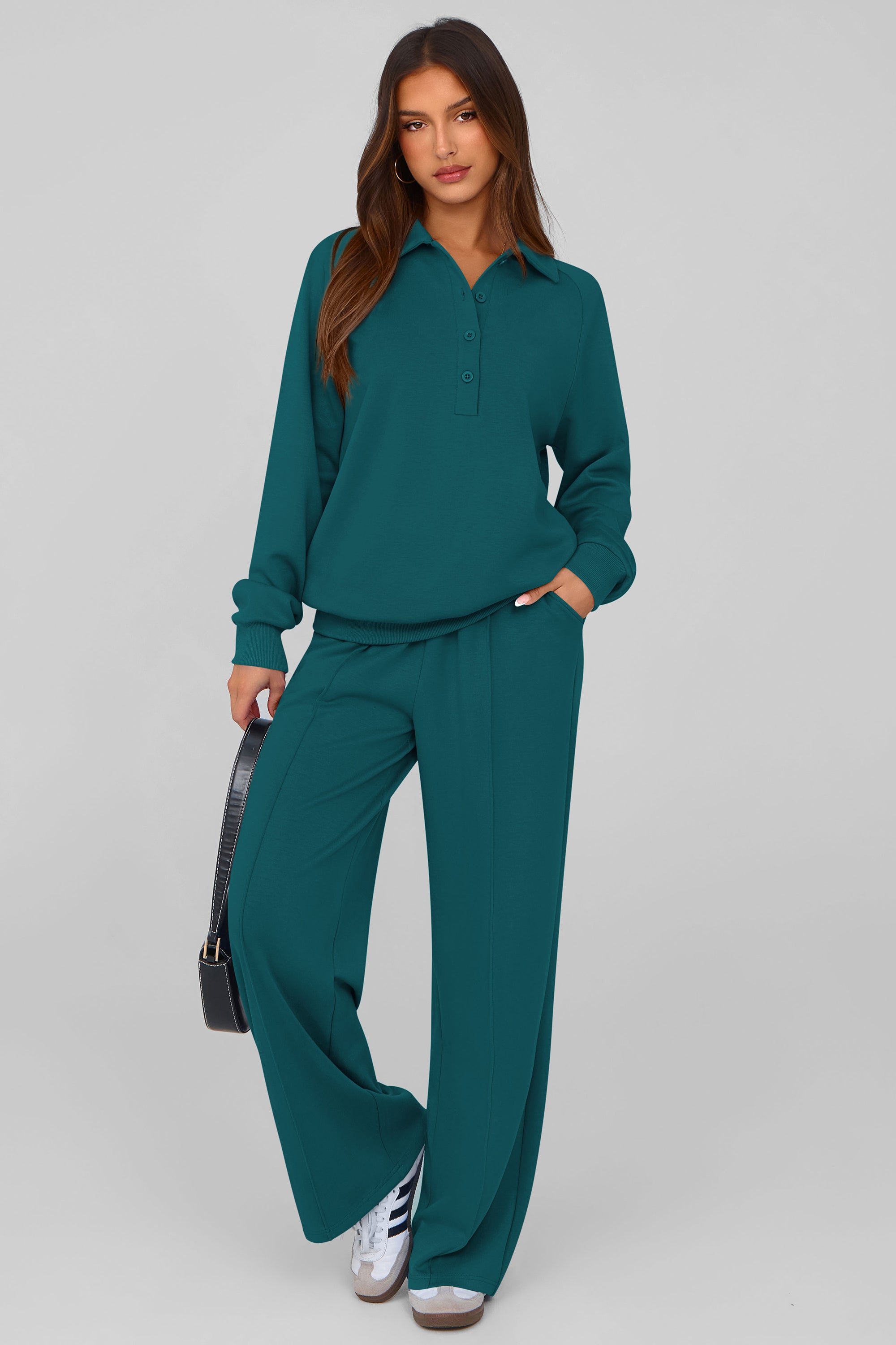 PRETTYGARDEN Women Fall 2 Piece Outfits Sweatsuits Quarter Button Long Sleeve Sweatshirt Wide Leg Pants Tracksuit Lounge Sets