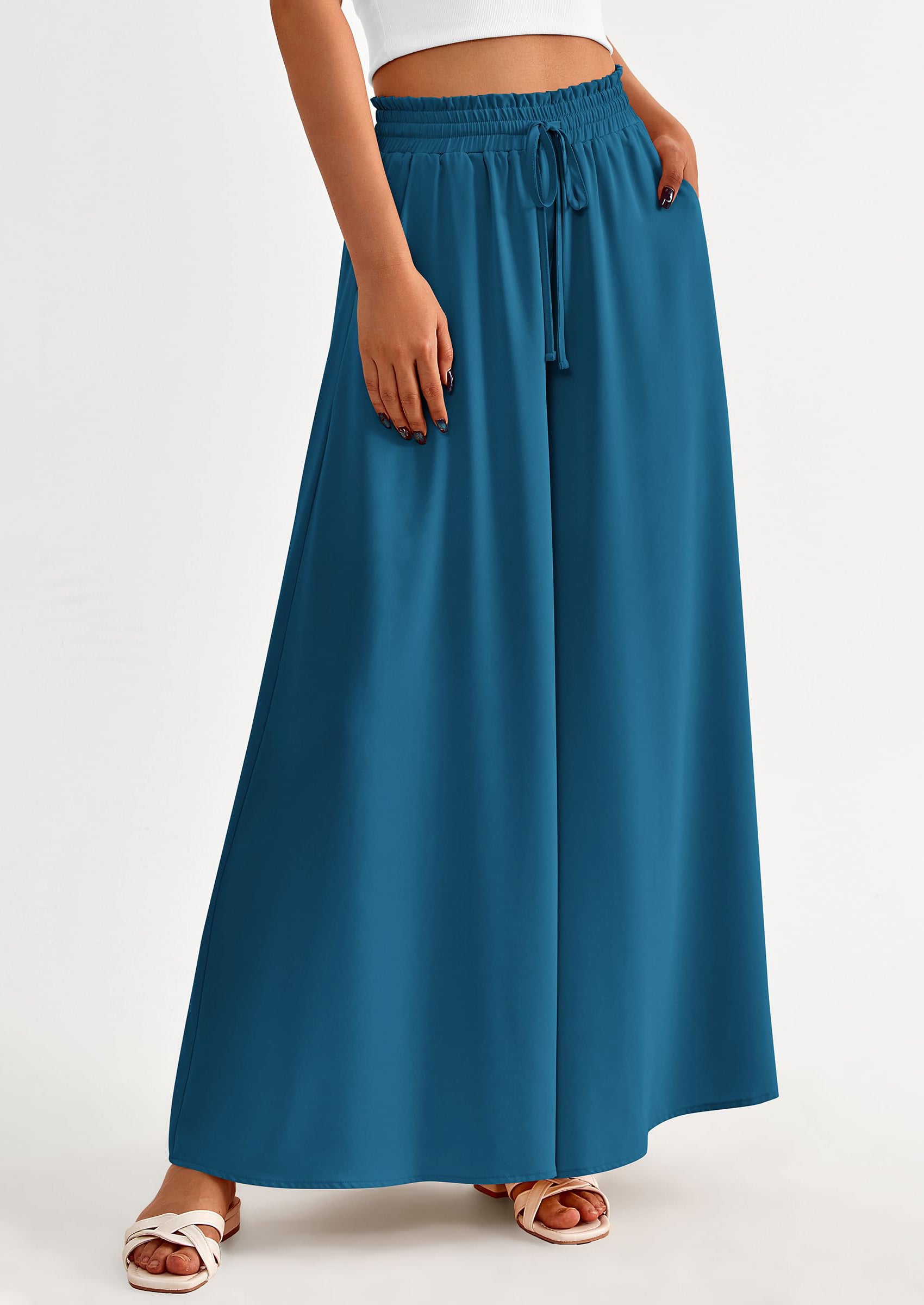 PRETTYGARDEN Women's Summer Wide Leg Palazzo Pants High Waisted Flowy Pockets Trendy Casual Lounge Boho Beach Trousers