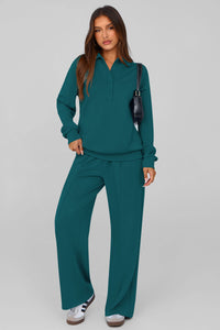 PRETTYGARDEN Women Fall 2 Piece Outfits Sweatsuits Quarter Button Long Sleeve Sweatshirt Wide Leg Pants Tracksuit Lounge Sets