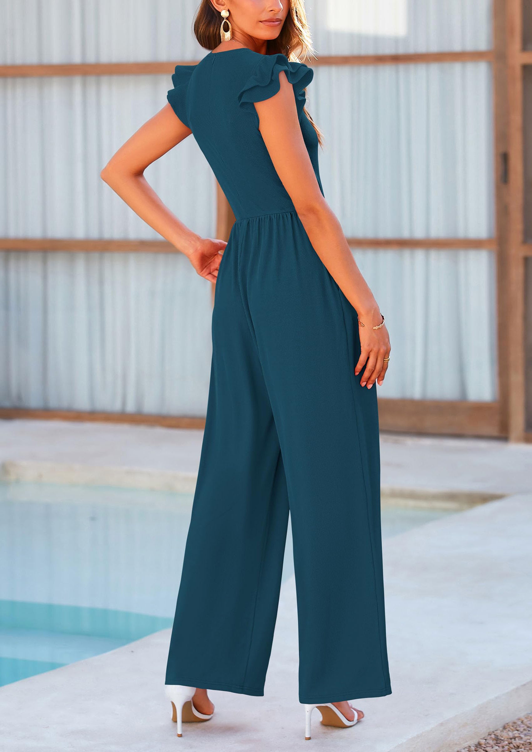 PRETTYGARDEN Casual Ruffle Cap Sleeves Romper Crew Neck Rib Knit One Piece Outfits