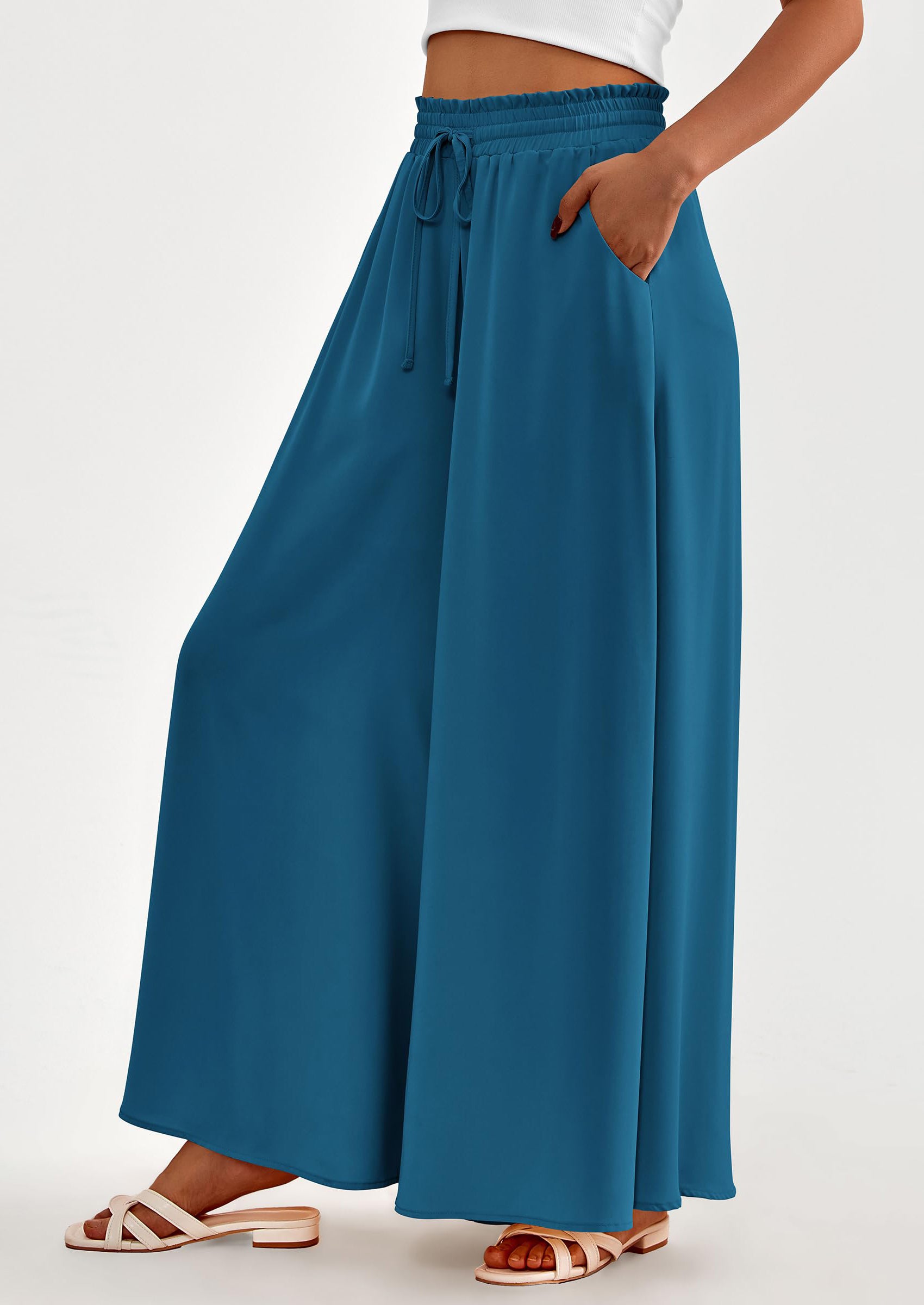 PRETTYGARDEN Women's Summer Wide Leg Palazzo Pants High Waisted Flowy Pockets Trendy Casual Lounge Boho Beach Trousers